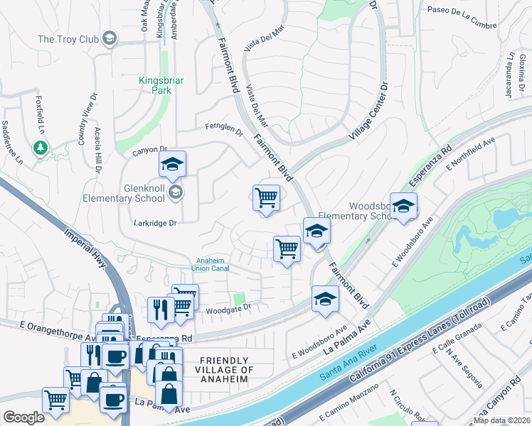 map of restaurants, bars, coffee shops, grocery stores, and more near 20065 Berkeley Way in Yorba Linda