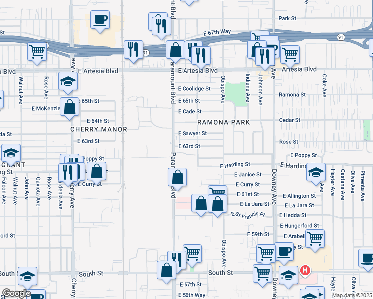 map of restaurants, bars, coffee shops, grocery stores, and more near 2904 East 63rd Street in Long Beach