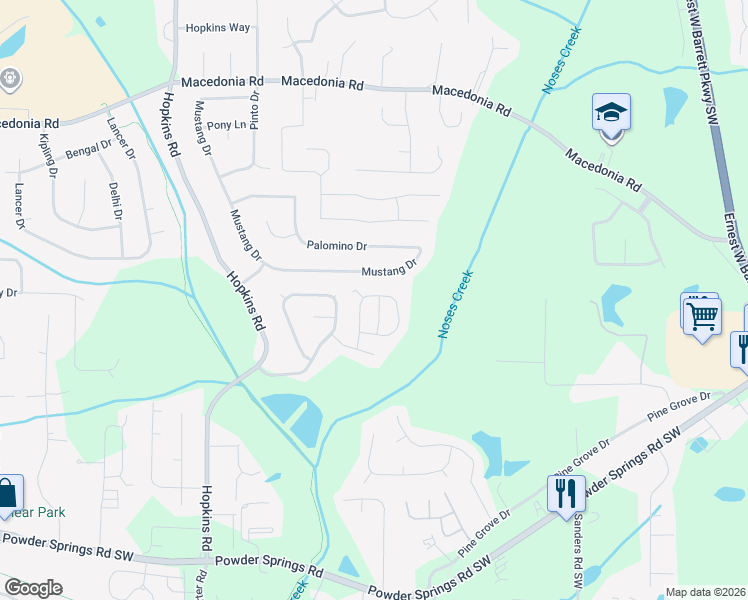 map of restaurants, bars, coffee shops, grocery stores, and more near 5675 Chrys Street in Powder Springs
