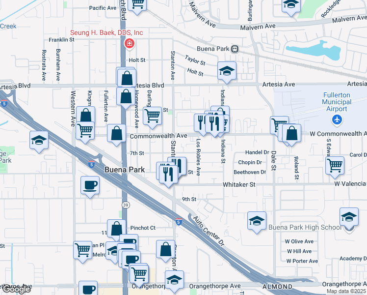 map of restaurants, bars, coffee shops, grocery stores, and more near 8051 7th Street in Buena Park
