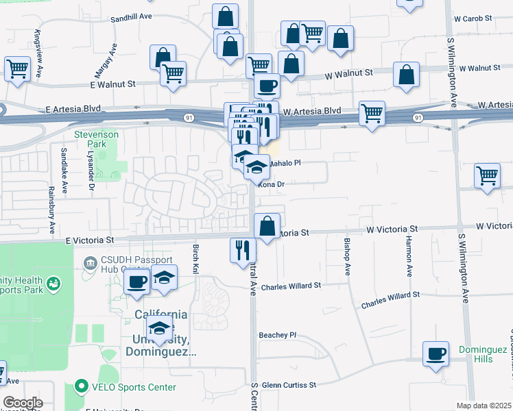 map of restaurants, bars, coffee shops, grocery stores, and more near in Carson