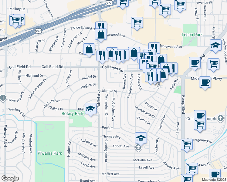 map of restaurants, bars, coffee shops, grocery stores, and more near 4300 McCutchen Avenue in Wichita Falls