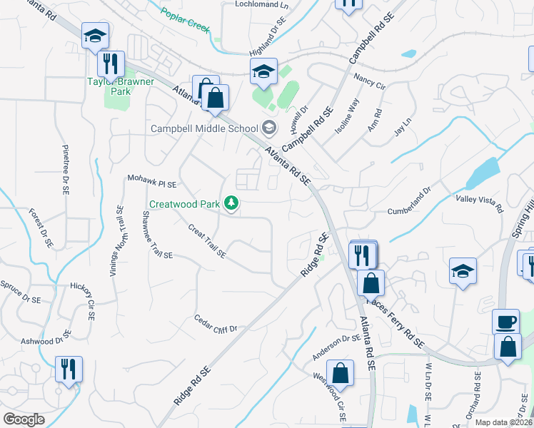 map of restaurants, bars, coffee shops, grocery stores, and more near 3495 Creatwood Trail Southeast in Smyrna