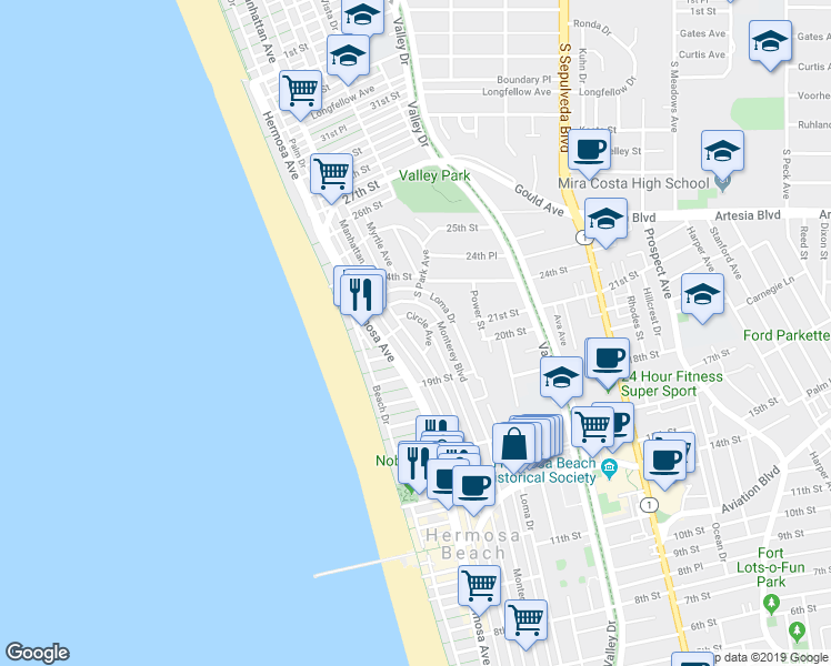 map of restaurants, bars, coffee shops, grocery stores, and more near 2044 Manhattan Avenue in Hermosa Beach