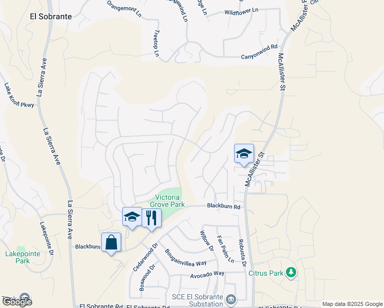 map of restaurants, bars, coffee shops, grocery stores, and more near 17331 Cross Creek Lane in Riverside