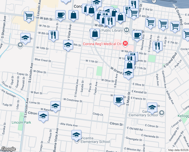map of restaurants, bars, coffee shops, grocery stores, and more near 510 West Olive Street in Corona