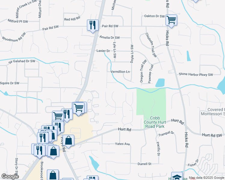 map of restaurants, bars, coffee shops, grocery stores, and more near 3702 Majestic Drive Southwest in Marietta