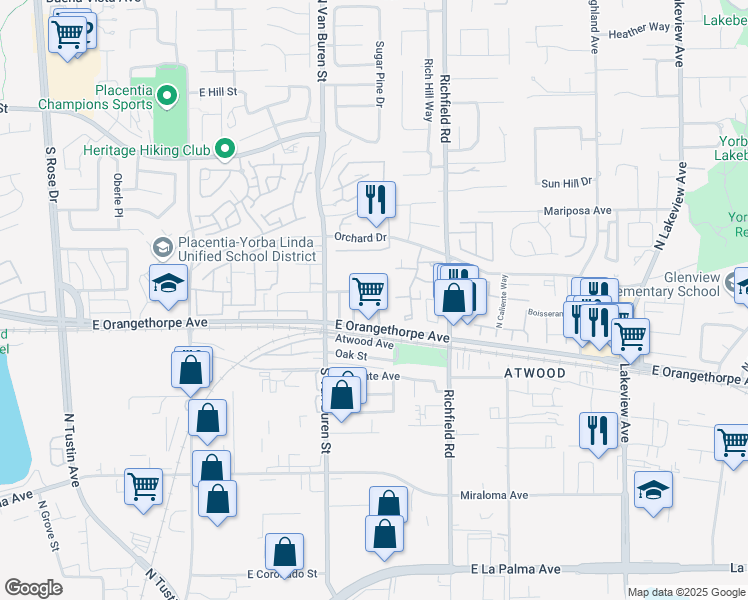 map of restaurants, bars, coffee shops, grocery stores, and more near 306 Lampman Way in Placentia