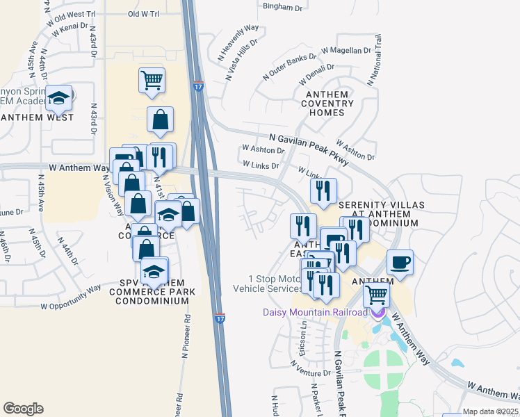 map of restaurants, bars, coffee shops, grocery stores, and more near 3825 West Anthem Way in Anthem