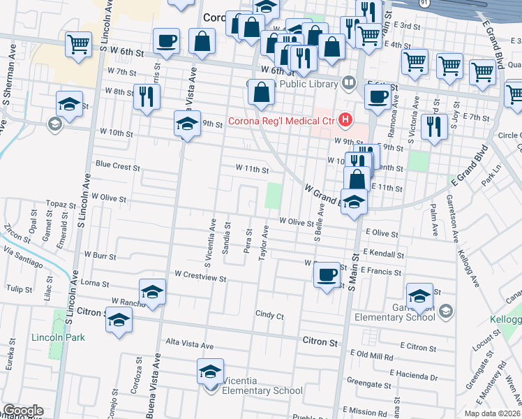 map of restaurants, bars, coffee shops, grocery stores, and more near 510 West Olive Street in Corona