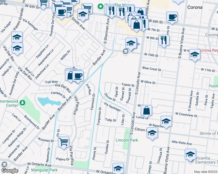 map of restaurants, bars, coffee shops, grocery stores, and more near 1362 Opal Street in Corona