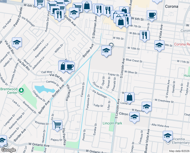 map of restaurants, bars, coffee shops, grocery stores, and more near 1174 Zircon Street in Corona