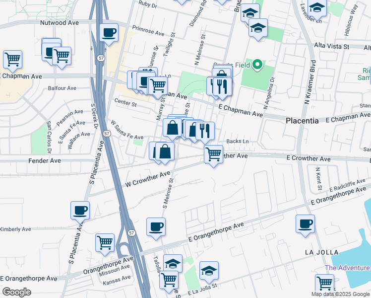 map of restaurants, bars, coffee shops, grocery stores, and more near 312 South Melrose Street in Placentia