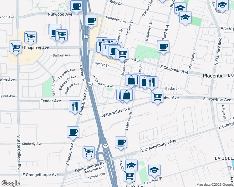 map of restaurants, bars, coffee shops, grocery stores, and more near 336 Santa Barbara Street in Placentia