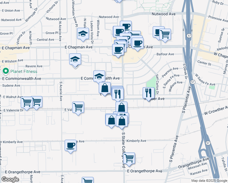 map of restaurants, bars, coffee shops, grocery stores, and more near 2380 East Walnut Avenue in Fullerton