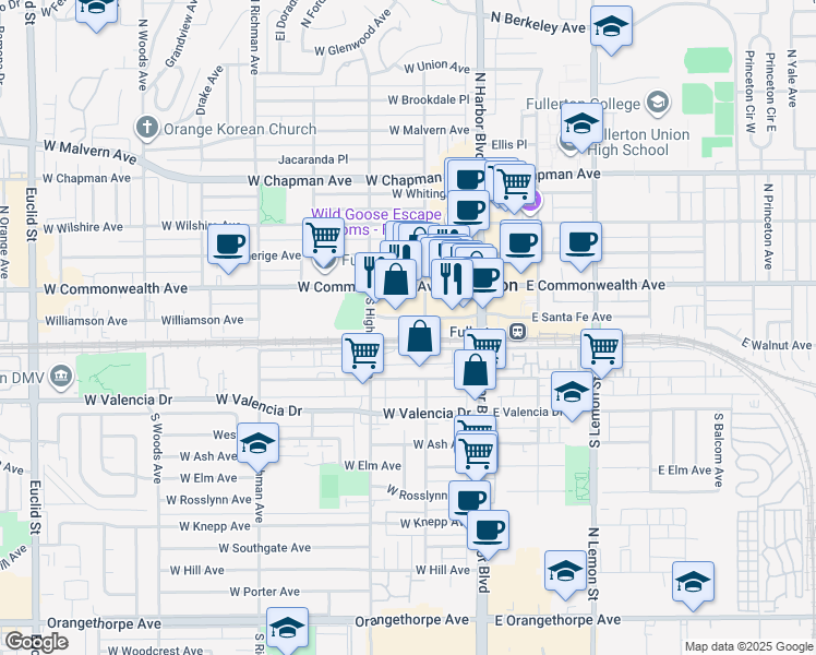 map of restaurants, bars, coffee shops, grocery stores, and more near 144 West Walnut Avenue in Fullerton