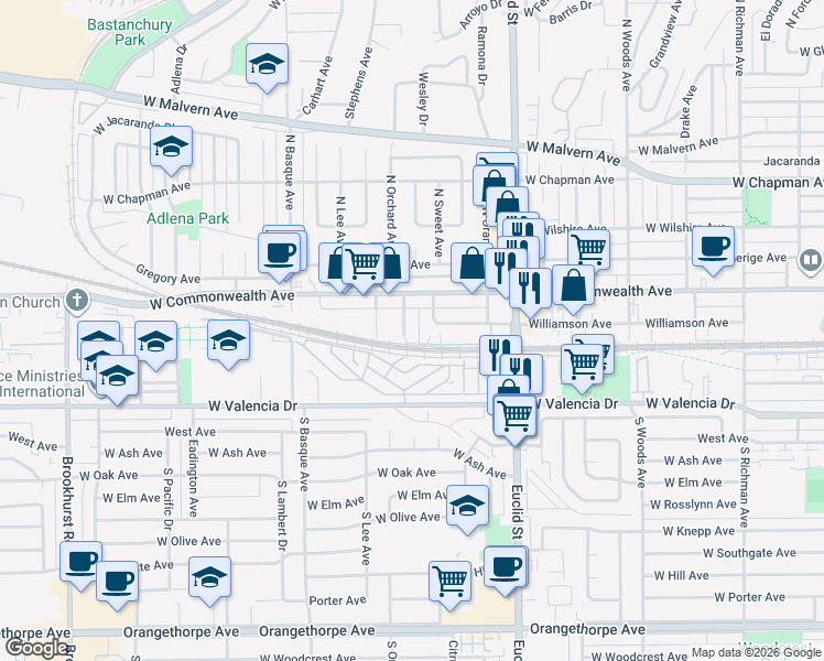 map of restaurants, bars, coffee shops, grocery stores, and more near 139 South Citrus Avenue in Fullerton