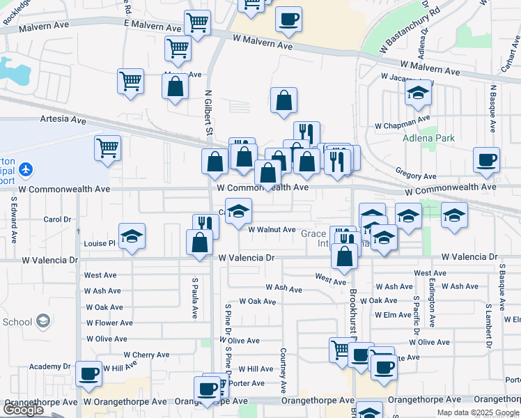 map of restaurants, bars, coffee shops, grocery stores, and more near 1896 Carol Drive in Fullerton