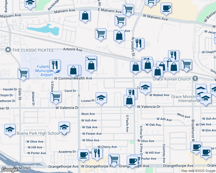 map of restaurants, bars, coffee shops, grocery stores, and more near 3216 Carol Drive in Fullerton