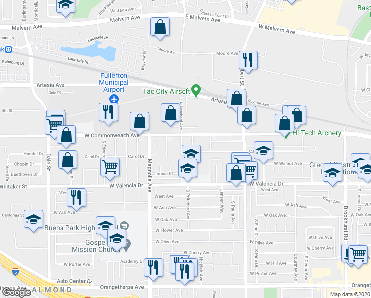 map of restaurants, bars, coffee shops, grocery stores, and more near 137 South Pritchard Avenue in Fullerton