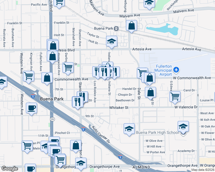 map of restaurants, bars, coffee shops, grocery stores, and more near 6312 Indiana Street in Buena Park