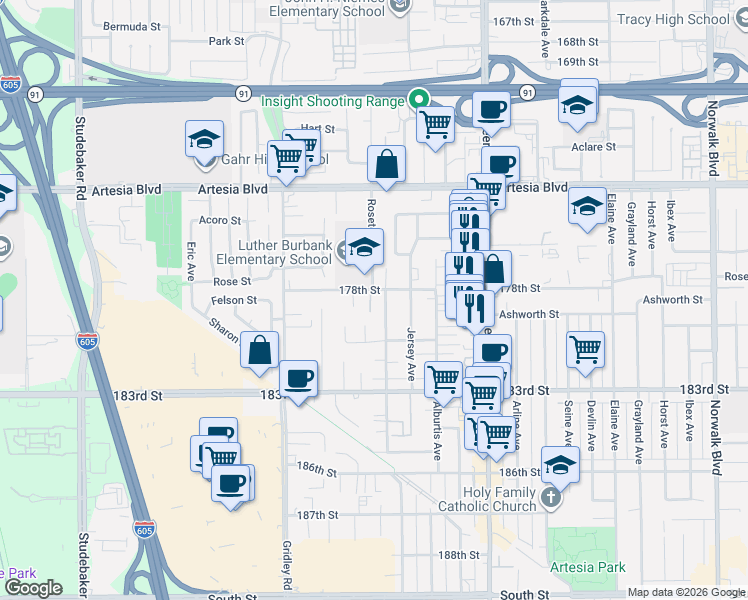 map of restaurants, bars, coffee shops, grocery stores, and more near 17853 Powell Place in Artesia