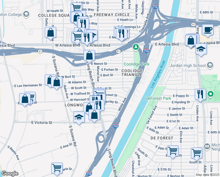 map of restaurants, bars, coffee shops, grocery stores, and more near 197 East Harcourt Street in Long Beach