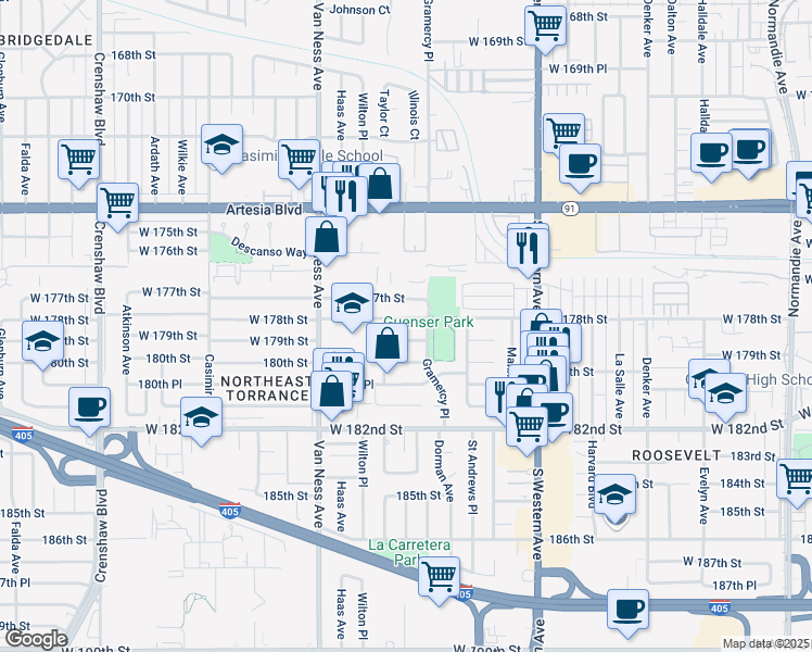map of restaurants, bars, coffee shops, grocery stores, and more near 2011 West 179th Street in Torrance