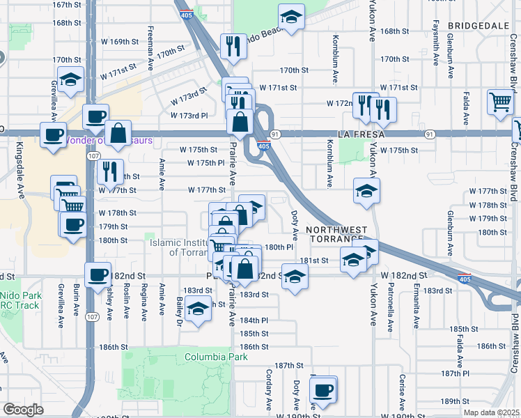 map of restaurants, bars, coffee shops, grocery stores, and more near 3922 West 178th Street in Torrance