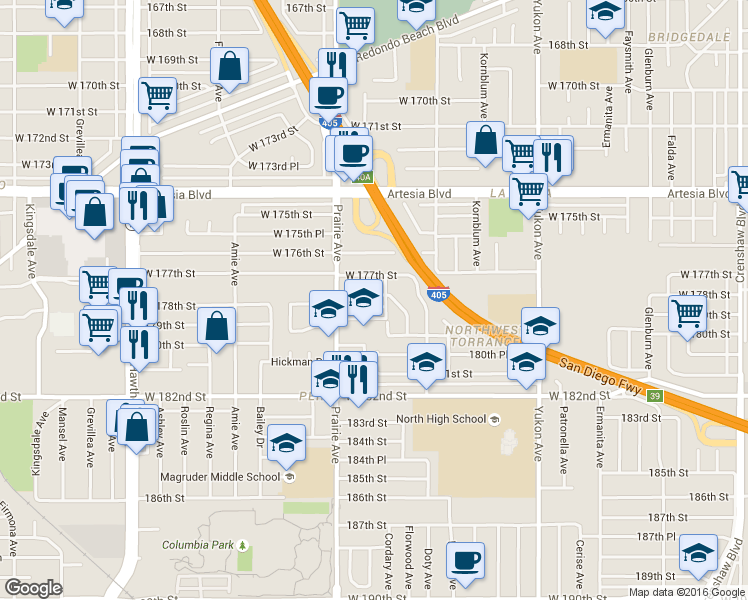 map of restaurants, bars, coffee shops, grocery stores, and more near 3922 West 178th Street in Torrance