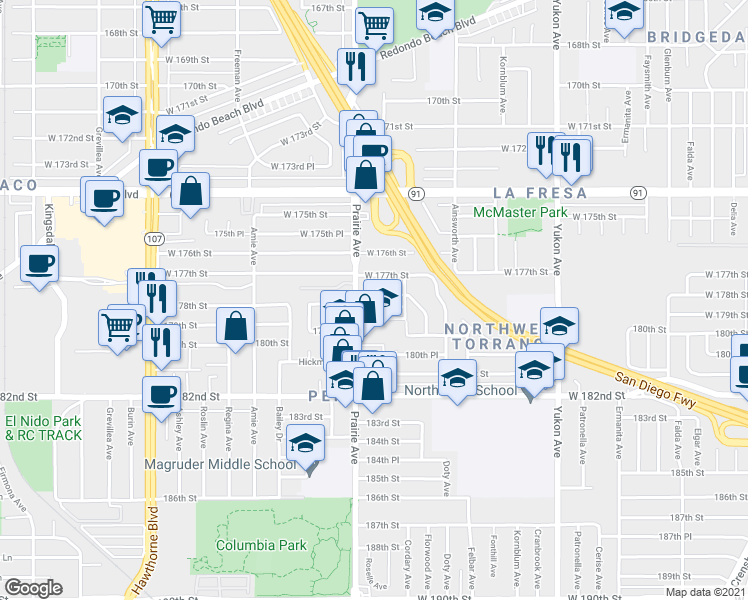 map of restaurants, bars, coffee shops, grocery stores, and more near 3922 West 178th Street in Torrance