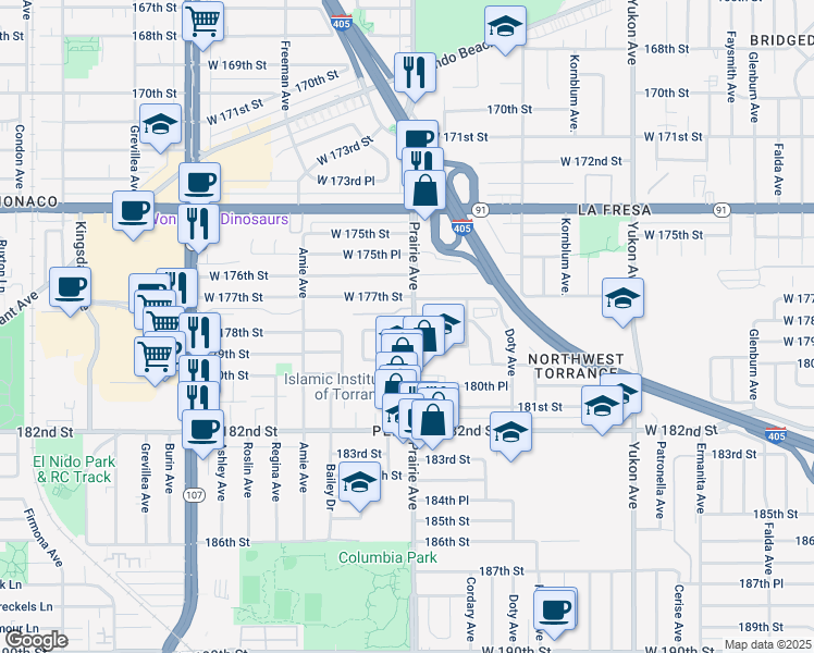 map of restaurants, bars, coffee shops, grocery stores, and more near 17810 Avis Avenue in Torrance