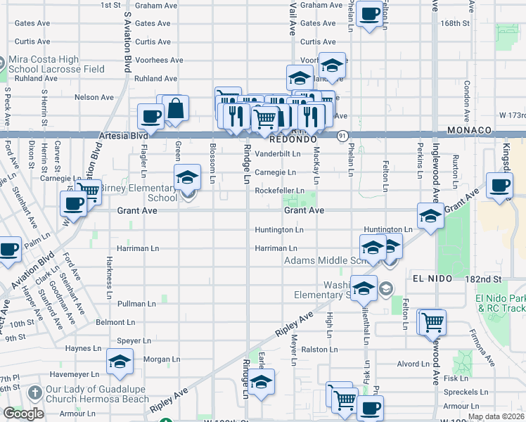map of restaurants, bars, coffee shops, grocery stores, and more near 2203 Huntington Lane in Redondo Beach