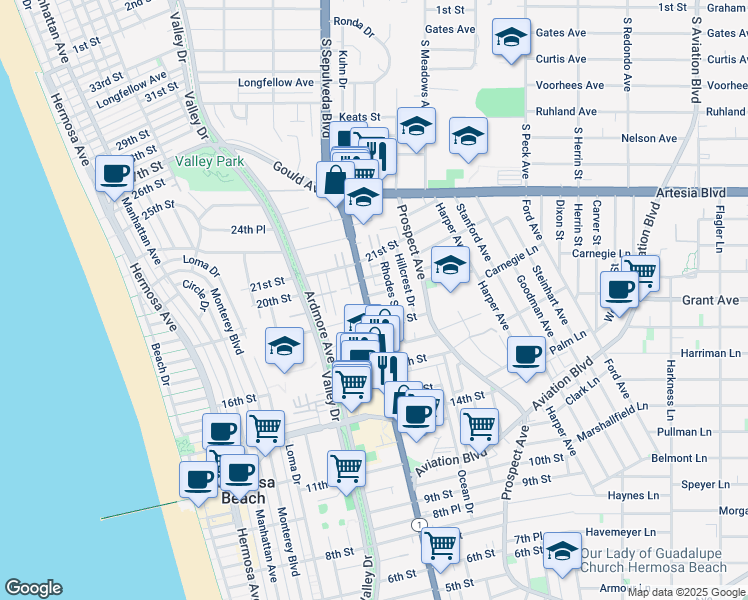 map of restaurants, bars, coffee shops, grocery stores, and more near 825 18th Street in Hermosa Beach