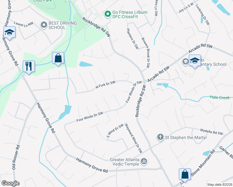 map of restaurants, bars, coffee shops, grocery stores, and more near 235 Chambre Court Southwest in Lilburn