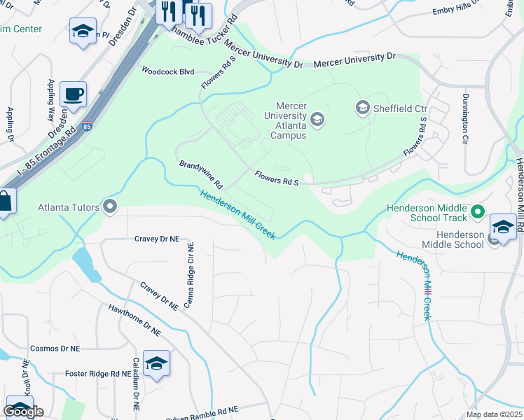 map of restaurants, bars, coffee shops, grocery stores, and more near 2976 Cravey Trail Northeast in Atlanta