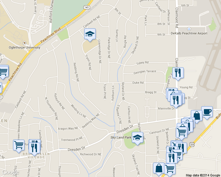 map of restaurants, bars, coffee shops, grocery stores, and more near 2779 Tryon Place Northeast in Atlanta