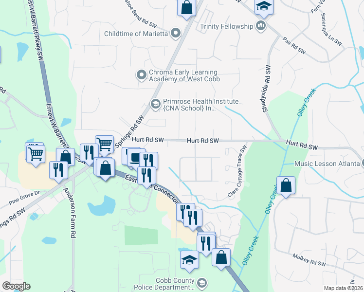 map of restaurants, bars, coffee shops, grocery stores, and more near 2365 Hurt Road Southwest in Marietta