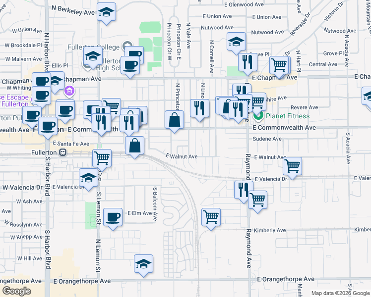 map of restaurants, bars, coffee shops, grocery stores, and more near 137 South Yale Avenue in Fullerton