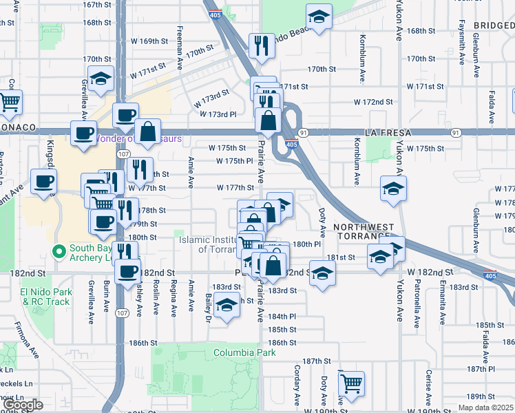 map of restaurants, bars, coffee shops, grocery stores, and more near 17810 Avis Avenue in Torrance