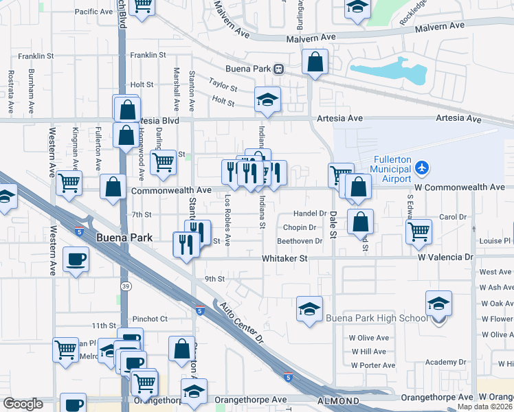 map of restaurants, bars, coffee shops, grocery stores, and more near 6312 Indiana Street in Buena Park