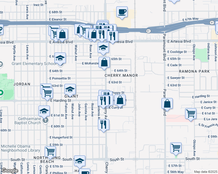 map of restaurants, bars, coffee shops, grocery stores, and more near 6256 Cherry Avenue in Long Beach