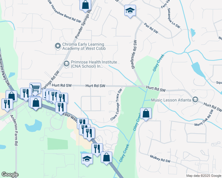 map of restaurants, bars, coffee shops, grocery stores, and more near 2160 Cottage Court in Marietta