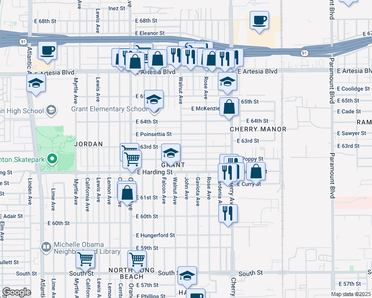 map of restaurants, bars, coffee shops, grocery stores, and more near 1618 East 63rd Street in Long Beach