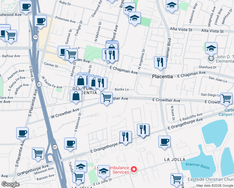 map of restaurants, bars, coffee shops, grocery stores, and more near 251 East Santa Fe Court in Placentia