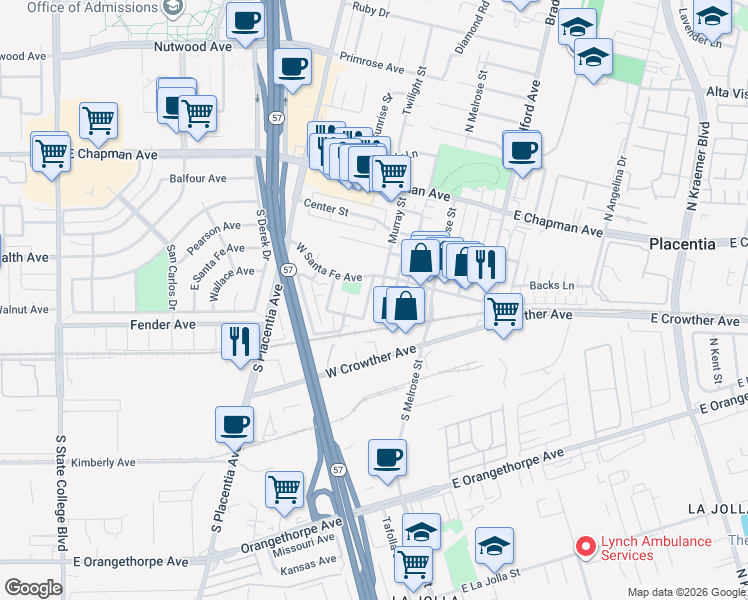 map of restaurants, bars, coffee shops, grocery stores, and more near 336 Santa Barbara Street in Placentia