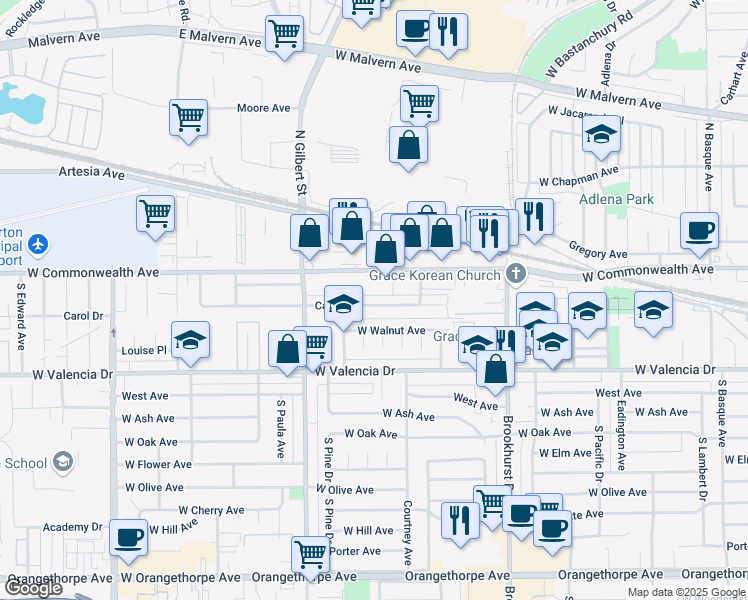 map of restaurants, bars, coffee shops, grocery stores, and more near 1896 Carol Drive in Fullerton
