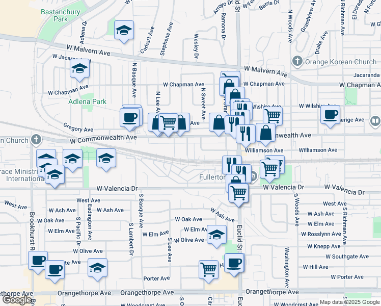 map of restaurants, bars, coffee shops, grocery stores, and more near 139 South Citrus Avenue in Fullerton