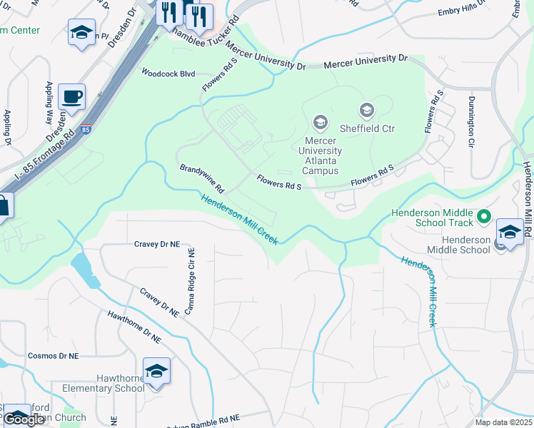 map of restaurants, bars, coffee shops, grocery stores, and more near 2980 Brandywine Road in Atlanta