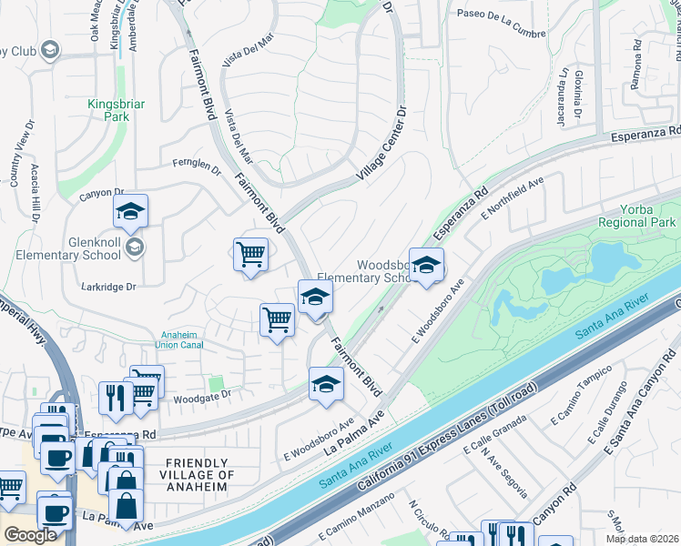 map of restaurants, bars, coffee shops, grocery stores, and more near 20130 Thagard Way in Yorba Linda